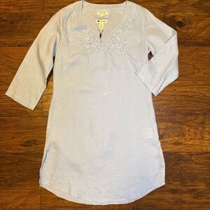 Malvin "I Love Linen" Blue Embroidered V-Neck Tunic Dress Lagenlook Coastal Med